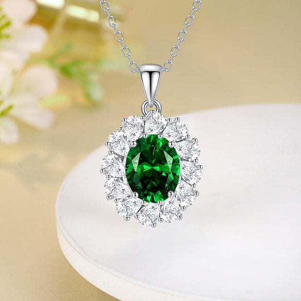 Wholesale Women's Light Luxury Geometric Eggshaped Floral Emerald Diamond 925 Sterling Silver Necklace Cross Chain