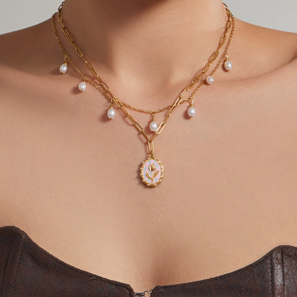 Wholesale Women's Light Luxury Geometric Enamel Oildrip Tulip Oval Goldplated Stainless Steel Pendant Clavicle Necklace