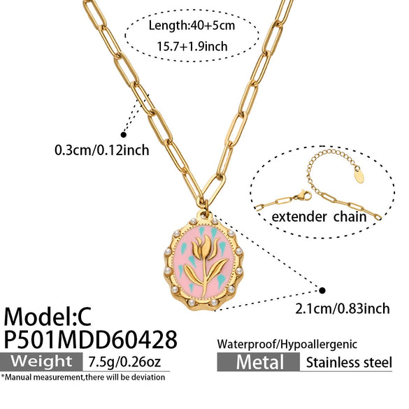 Wholesale Women's Light Luxury Geometric Enamel Oildrip Tulip Oval Goldplated Stainless Steel Pendant Clavicle Necklace