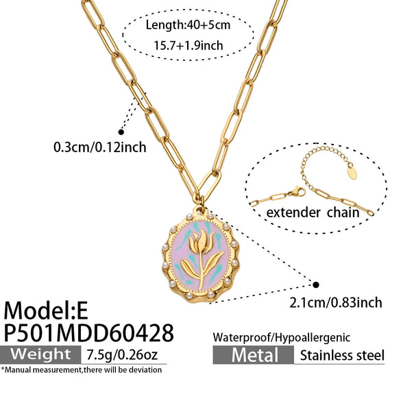 Wholesale Women's Light Luxury Geometric Enamel Oildrip Tulip Oval Goldplated Stainless Steel Pendant Clavicle Necklace