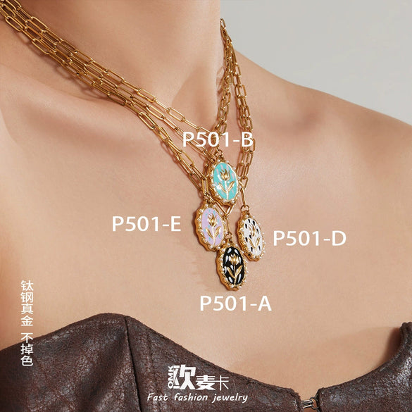 Wholesale Women's Light Luxury Geometric Enamel Oildrip Tulip Oval Goldplated Stainless Steel Pendant Clavicle Necklace