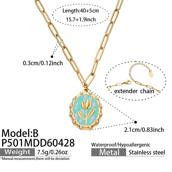 Wholesale Women's Light Luxury Geometric Enamel Oildrip Tulip Oval Goldplated Stainless Steel Pendant Clavicle Necklace