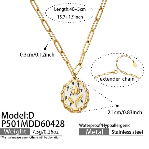 Wholesale Women's Light Luxury Geometric Enamel Oildrip Tulip Oval Goldplated Stainless Steel Pendant Clavicle Necklace