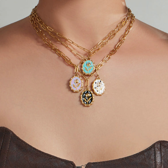 Wholesale Women's Light Luxury Geometric Enamel Oildrip Tulip Oval Goldplated Stainless Steel Pendant Clavicle Necklace