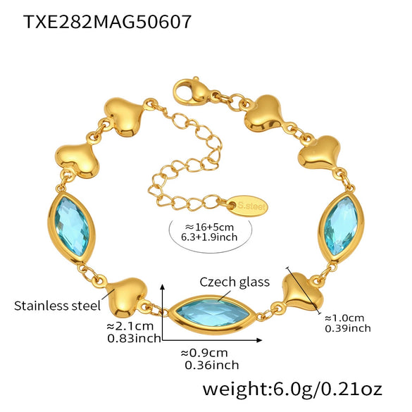 Wholesale Women's Light Luxury Geometric Faceted Glass Stone Hollow Heart Stitching Stainless Steel Goldplated Bracelet