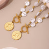 Wholesale Women's Light Luxury Geometric Ferris Wheel And Elizabeth Portrait Coin Pendant Necklace With Shell Beads And Titanium Steel Electroplated