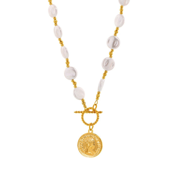 Wholesale Women's Light Luxury Geometric Ferris Wheel And Elizabeth Portrait Coin Pendant Necklace With Shell Beads And Titanium Steel Electroplated