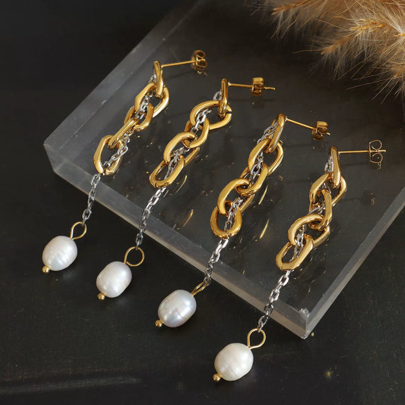 Wholesale Women's Light Luxury Geometric Ferris Wheel Chain Tassel Fresh Water Pearl Earrings Stainless Steel 18K Gold Plated Jewelry