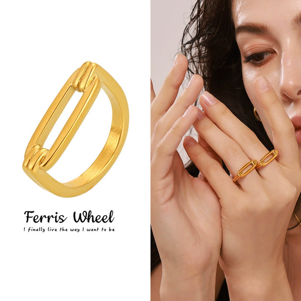 Wholesale Women's Light Luxury Geometric Ferris Wheel Horseshoe Hollow Design Stainless Steel 18K Gold Pvd Electroplated Ring