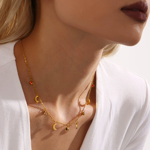 Wholesale Women's Light Luxury Geometric Ferris Wheel Moon Clavicle Necklace With Multicolor Rhinestone Tassel Stainless Steel 18K Gold Plated Zircon Pendant