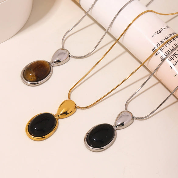 Wholesale Women's Light Luxury Geometric Ferris Wheel Oval Long Necklace In Stainless Steel And Tiger Eye Stone With Pvd Electroplating 18K Real Gold