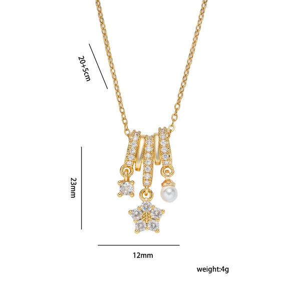 Wholesale Women's Light Luxury Geometric Fivepetal Flower Zircon Pearl Pendant Necklace With O Word Chain Titanium Steel Vacuum Furnace Electroplated 18K Gold Plated Copper