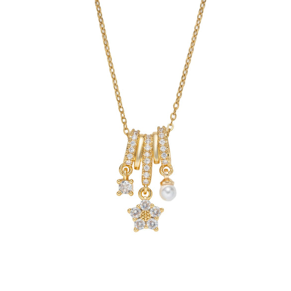 Wholesale Women's Light Luxury Geometric Fivepetal Flower Zircon Pearl Pendant Necklace With O Word Chain Titanium Steel Vacuum Furnace Electroplated 18K Gold Plated Copper