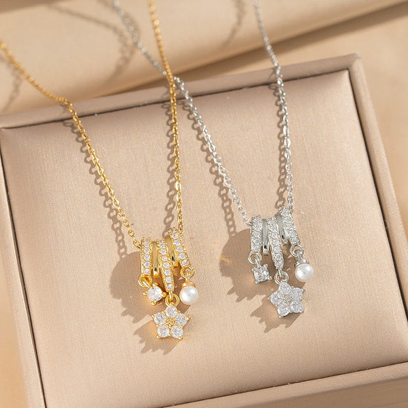 Wholesale Women's Light Luxury Geometric Fivepetal Flower Zircon Pearl Pendant Necklace With O Word Chain Titanium Steel Vacuum Furnace Electroplated 18K Gold Plated Copper