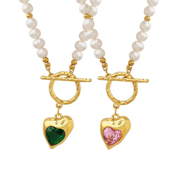 Wholesale Women's Light Luxury Geometric Heart Zircon Pendant Necklace With Natural Freshwater Pearl Chain And Titanium Steel Electroplating