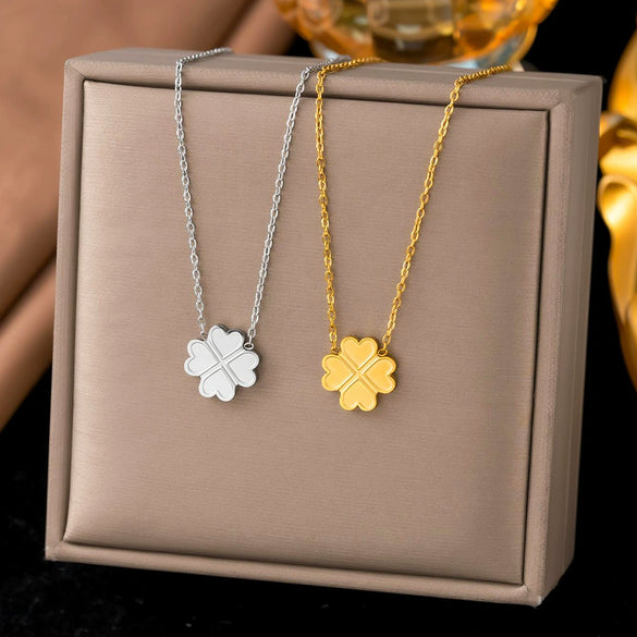 Wholesale Women's Light Luxury Geometric Heartshaped And Fourleaf Clover Stainless Steel Necklace With 18K Real Gold Plating