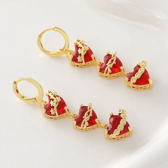 Wholesale Women's Light Luxury Geometric Heartshaped Red Rose Zircon Earrings Studs Made Of 925 Silver And Copper With Electroplating