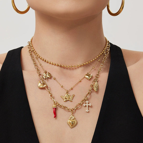 Wholesale Women's Light Luxury Geometric Heartshaped Stainless Steel 18K Gold Plated Doublelayered Diy Multiaccessory Necklace