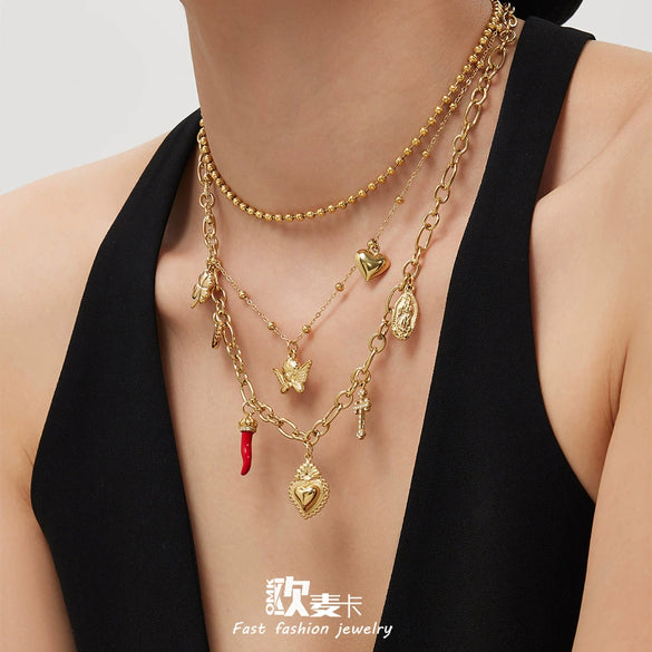 Wholesale Women's Light Luxury Geometric Heartshaped Stainless Steel 18K Gold Plated Doublelayered Diy Multiaccessory Necklace