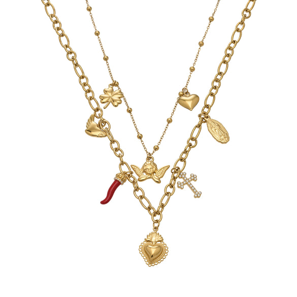 Wholesale Women's Light Luxury Geometric Heartshaped Stainless Steel 18K Gold Plated Doublelayered Diy Multiaccessory Necklace