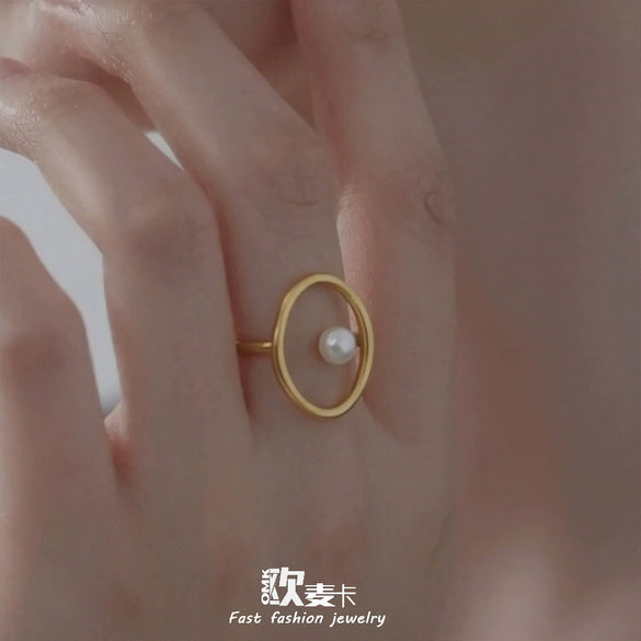Wholesale Women's Light Luxury Geometric Imitation Pearl Stainless Steel 18K Gold Plated Rings Accessories