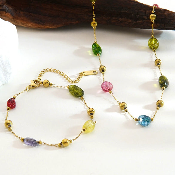 Wholesale Women's Light Luxury Geometric Irregular Colored Stone Stainless Steel 18K Goldplated Necklace And Bracelet Jewelry Set
