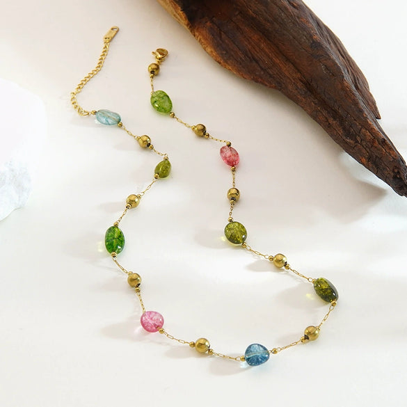 Wholesale Women's Light Luxury Geometric Irregular Colored Stone Stainless Steel 18K Goldplated Necklace And Bracelet Jewelry Set