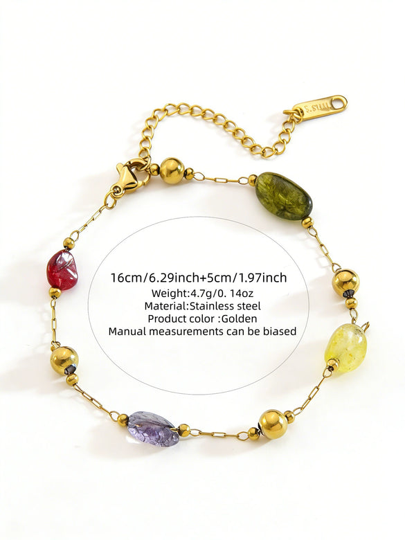 Wholesale Women's Light Luxury Geometric Irregular Colored Stone Stainless Steel 18K Goldplated Necklace And Bracelet Jewelry Set