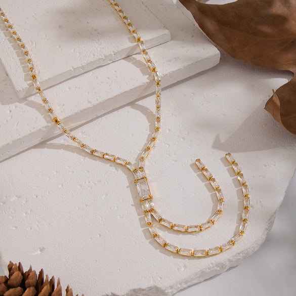 Wholesale Women's Light Luxury Geometric 18K Real Gold Plated Bamboo Handmade Inlaid Zircon Tassel Necklace Sweater Chain