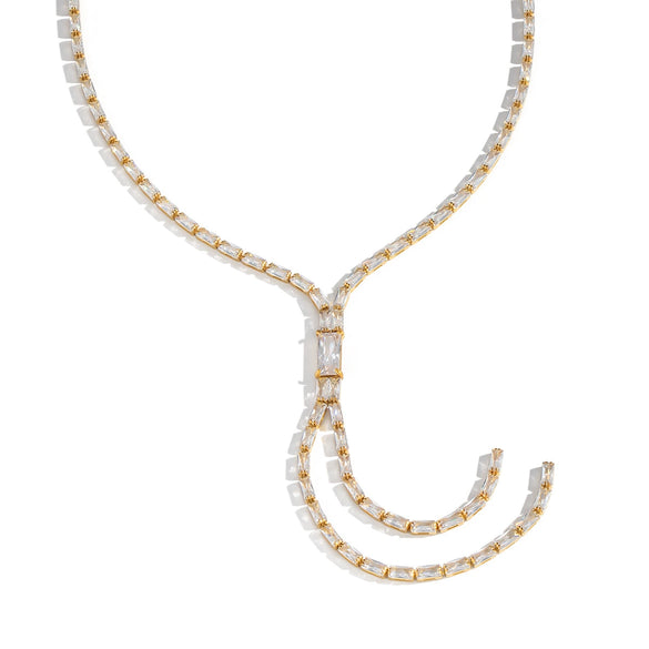 Wholesale Women's Light Luxury Geometric 18K Real Gold Plated Bamboo Handmade Inlaid Zircon Tassel Necklace Sweater Chain