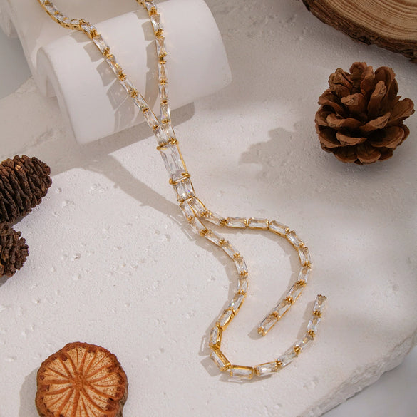 Wholesale Women's Light Luxury Geometric 18K Real Gold Plated Bamboo Handmade Inlaid Zircon Tassel Necklace Sweater Chain