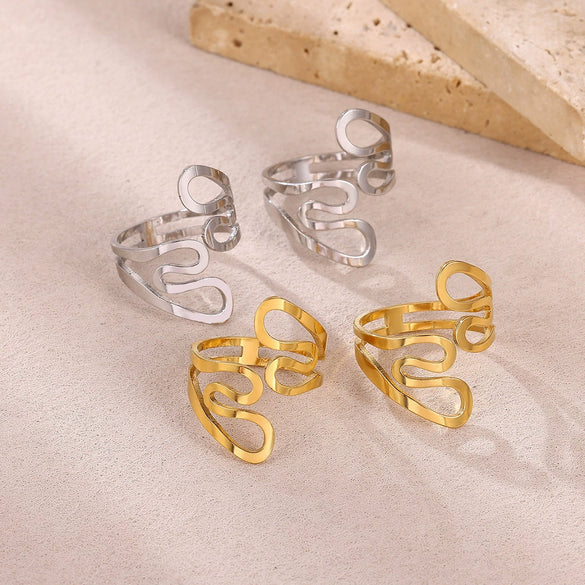 Wholesale Women's Light Luxury Geometric Lines Inlaid With Gold Stainless Steel Open Ring Hand Jewelry
