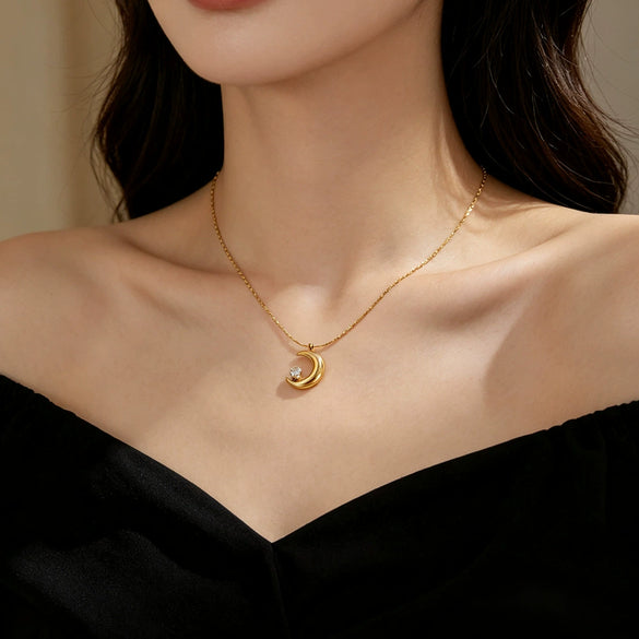 Wholesale Women's Light Luxury Geometric Moon Titanium Steel Real Gold Plated Necklace With Wheat Chain