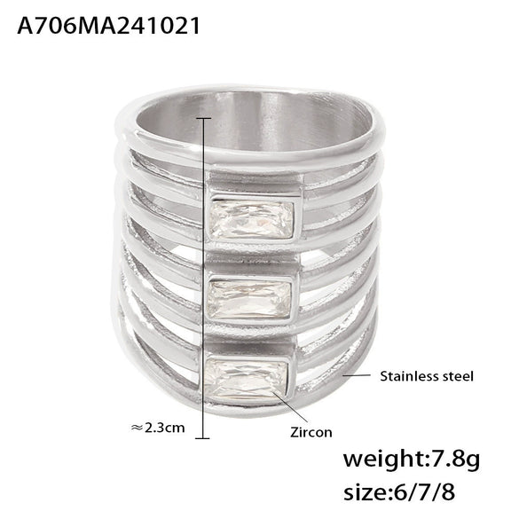 Wholesale Women's Light Luxury Geometric Multilayer Square Zircon Hollow 316L Stainless Steel Goldplated Ring