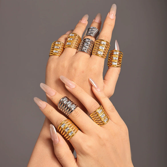 Wholesale Women's Light Luxury Geometric Multilayer Square Zircon Hollow 316L Stainless Steel Goldplated Ring
