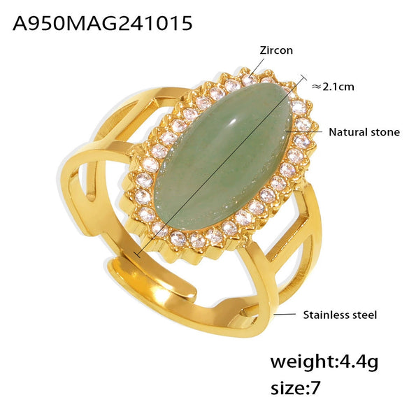 Wholesale Women's Light Luxury Geometric Open Ring Titanium Steel Zircon Natural Stone 18K Gold Plated