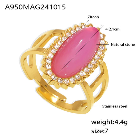 Wholesale Women's Light Luxury Geometric Open Ring Titanium Steel Zircon Natural Stone 18K Gold Plated