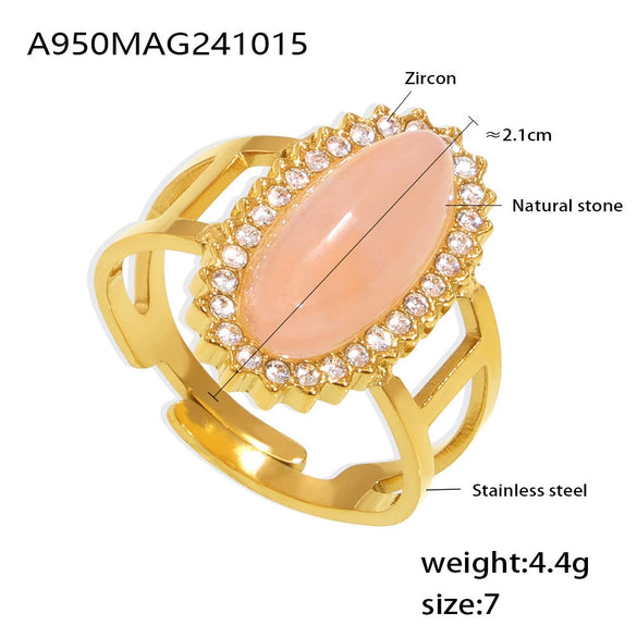 Wholesale Women's Light Luxury Geometric Open Ring Titanium Steel Zircon Natural Stone 18K Gold Plated