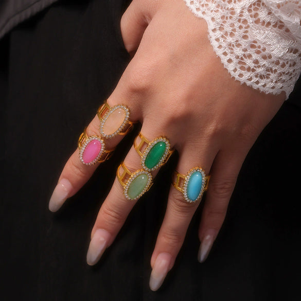 Wholesale Women's Light Luxury Geometric Open Ring Titanium Steel Zircon Natural Stone 18K Gold Plated
