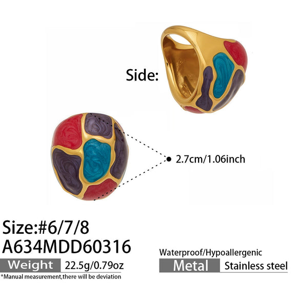 Wholesale Women's Light Luxury Geometric Pattern Electroplated Stainless Steel Enamel Glaze Inlaid Glass Stone Ring Set
