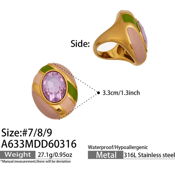 Wholesale Women's Light Luxury Geometric Pattern Electroplated Stainless Steel Enamel Glaze Inlaid Glass Stone Ring Set