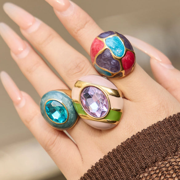 Wholesale Women's Light Luxury Geometric Pattern Electroplated Stainless Steel Enamel Glaze Inlaid Glass Stone Ring Set