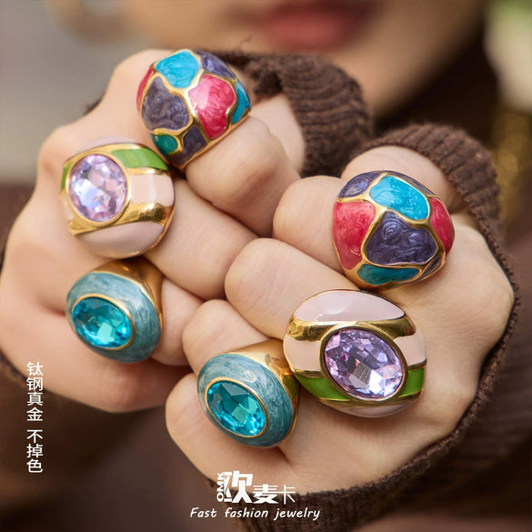 Wholesale Women's Light Luxury Geometric Pattern Electroplated Stainless Steel Enamel Glaze Inlaid Glass Stone Ring Set