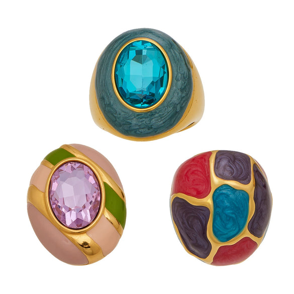 Wholesale Women's Light Luxury Geometric Pattern Electroplated Stainless Steel Enamel Glaze Inlaid Glass Stone Ring Set