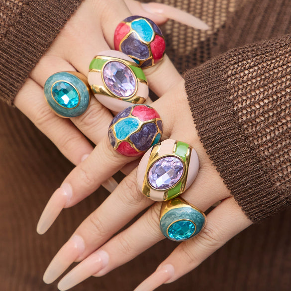 Wholesale Women's Light Luxury Geometric Pattern Electroplated Stainless Steel Enamel Glaze Inlaid Glass Stone Ring Set