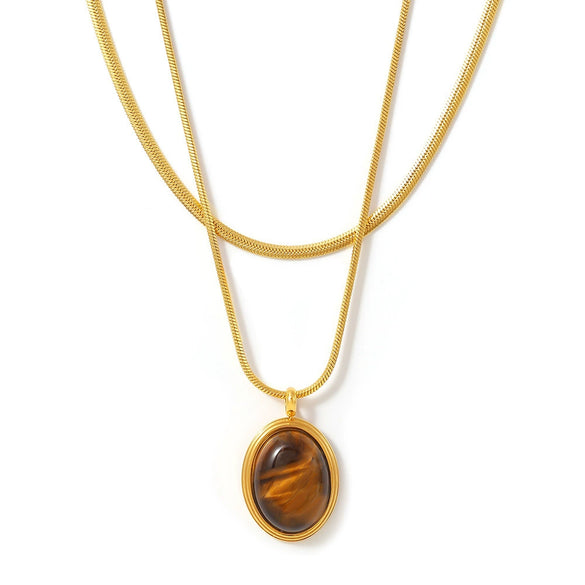 Wholesale Women's Light Luxury Geometric Pattern Oval Tiger Eye Stone Stainless Steel Electroplated Pendant Necklace For Autumn And Winter
