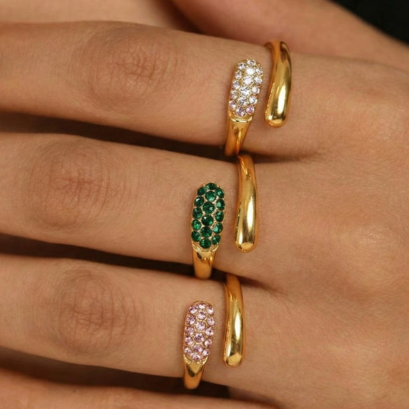 Wholesale Women's Light Luxury Geometric Rhinestone Open Ring Stainless Steel 18K Gold Plated Jewelry