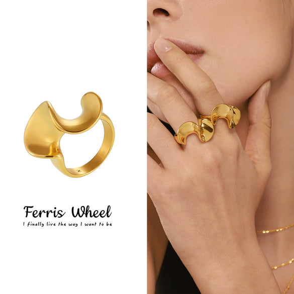 Wholesale Women's Light Luxury Geometric Sshaped Stainless Steel Electroplated Ferris Wheel Ring