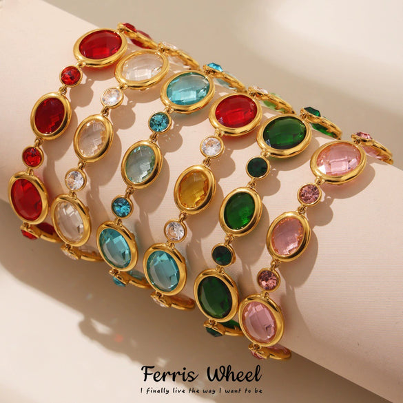 Wholesale Women's Light Luxury Geometric Stainless Steel And Czech Glass Stone Ferris Wheel Oval Faceted Electroplated Bracelet Jewelry