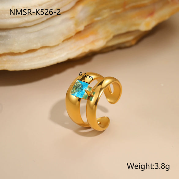 Wholesale Women's Light Luxury Geometric Stainless Steel Electroplated Blue Zircon Ring Set Jewelry